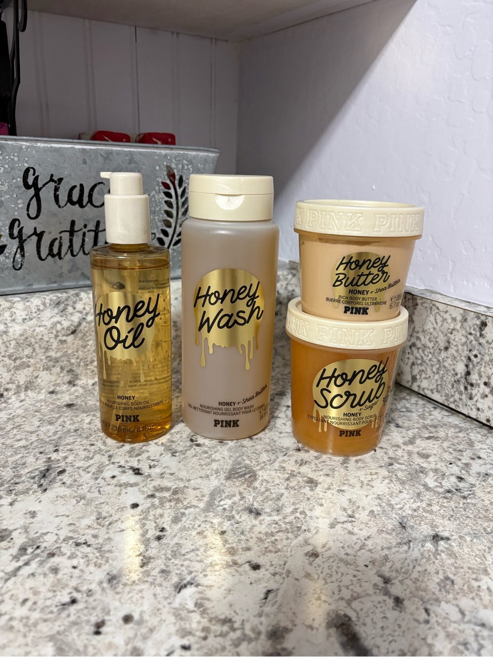 Victoria’s Secret PINK Honey Set: Wash, Oil, Scrub & Butter New